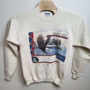 DANAGERS Bald‎ Eagle Alaska Trading Post Sweatshirt Cream Medium USA Made VTG